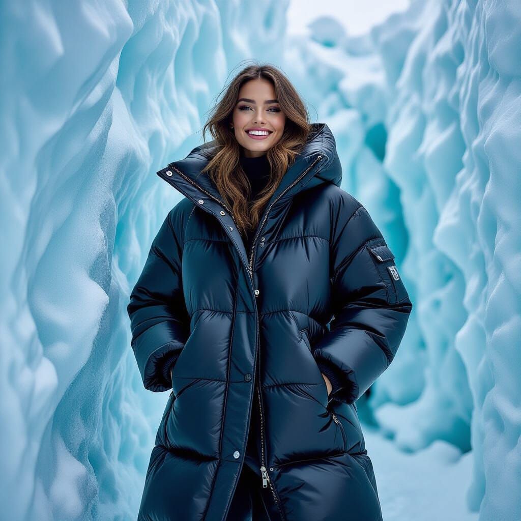 High-Fashion Puffer Suit on Cracked Ice