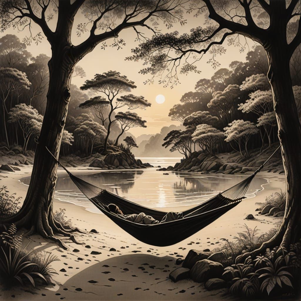 Serene Cove Hammock at Golden Hour, Charcoal Drawing