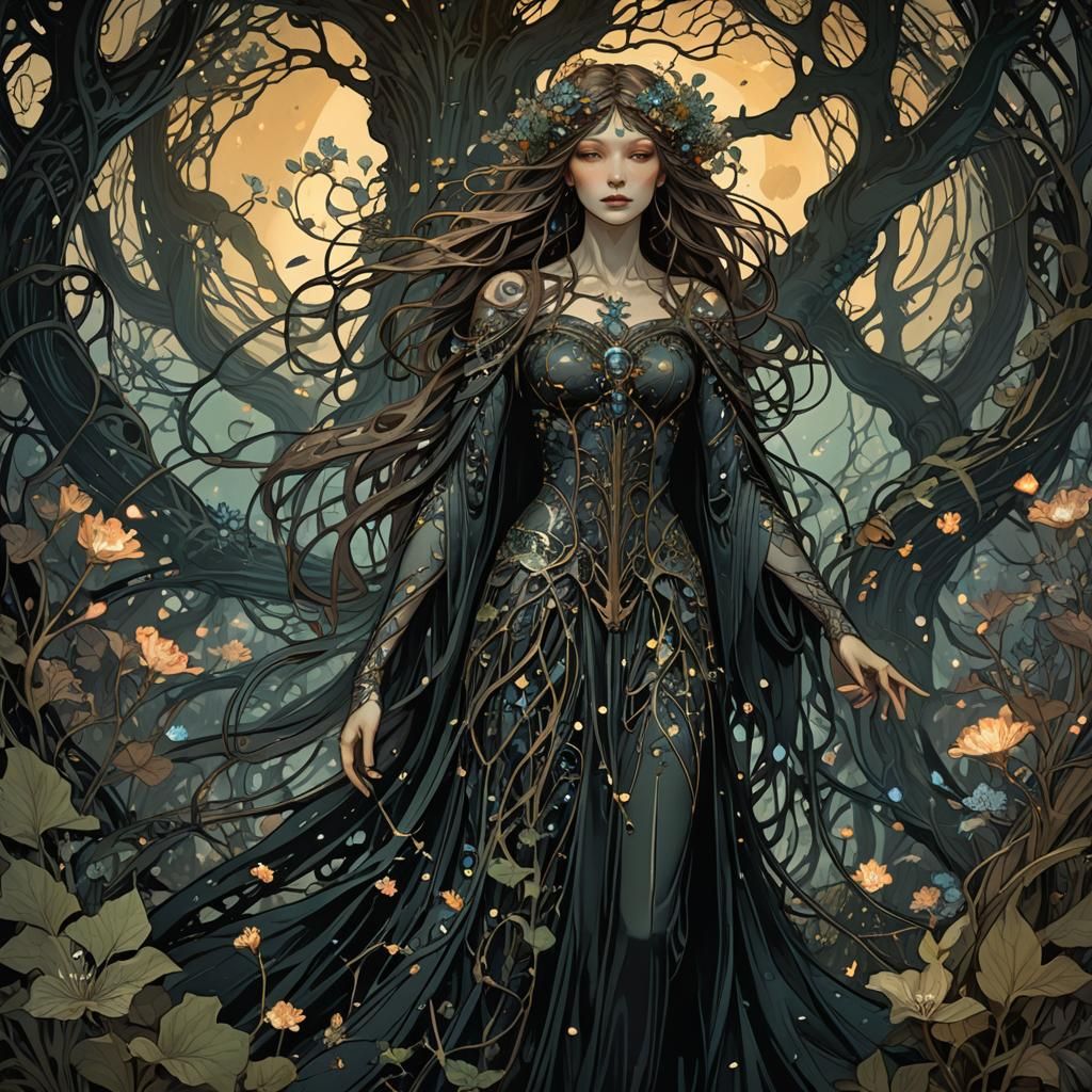 Dark Fantasy Garden with Glowing Flora in Art Nouveau Style