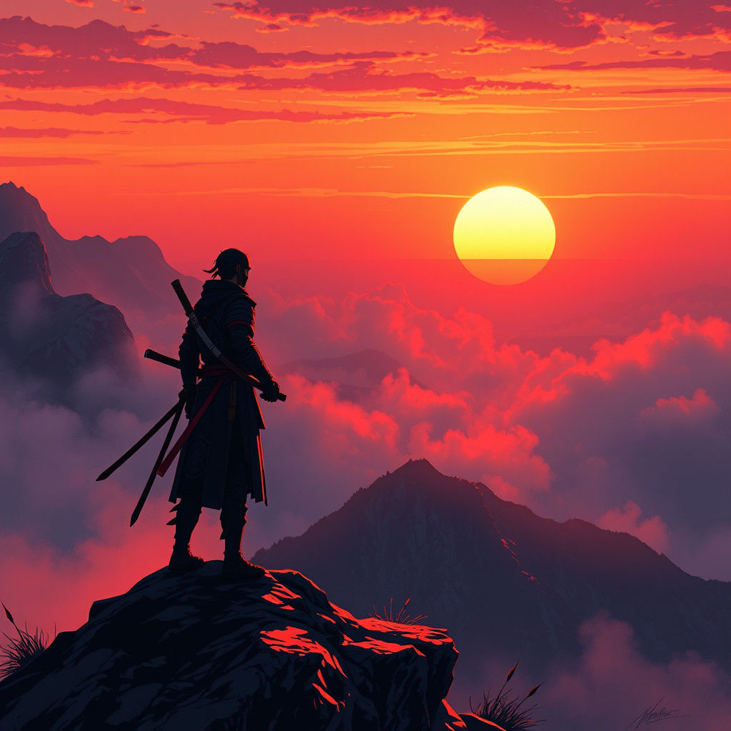 Ninja Warrior at Sunset in Manga Style