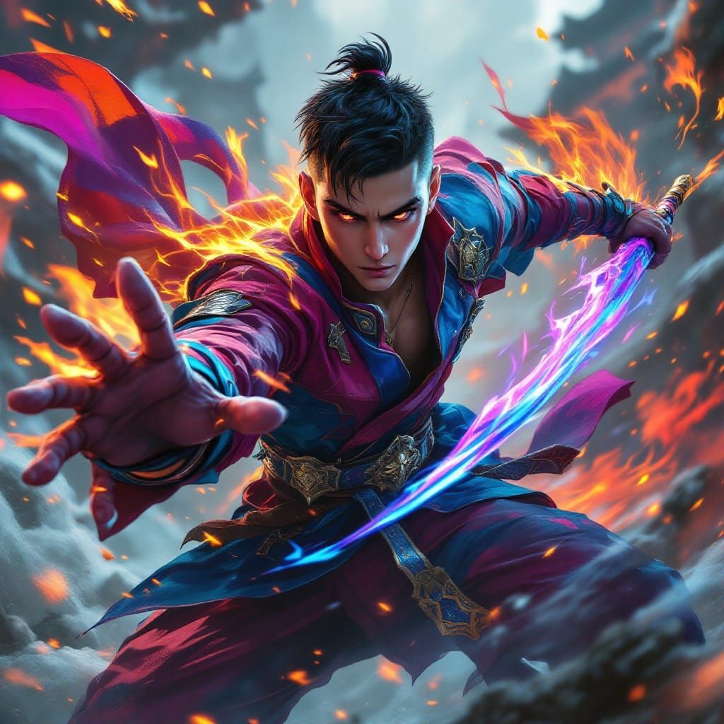 Cyberpunk Fantasy Ninja in Vibrant Hyperrealistic Battle Sce...