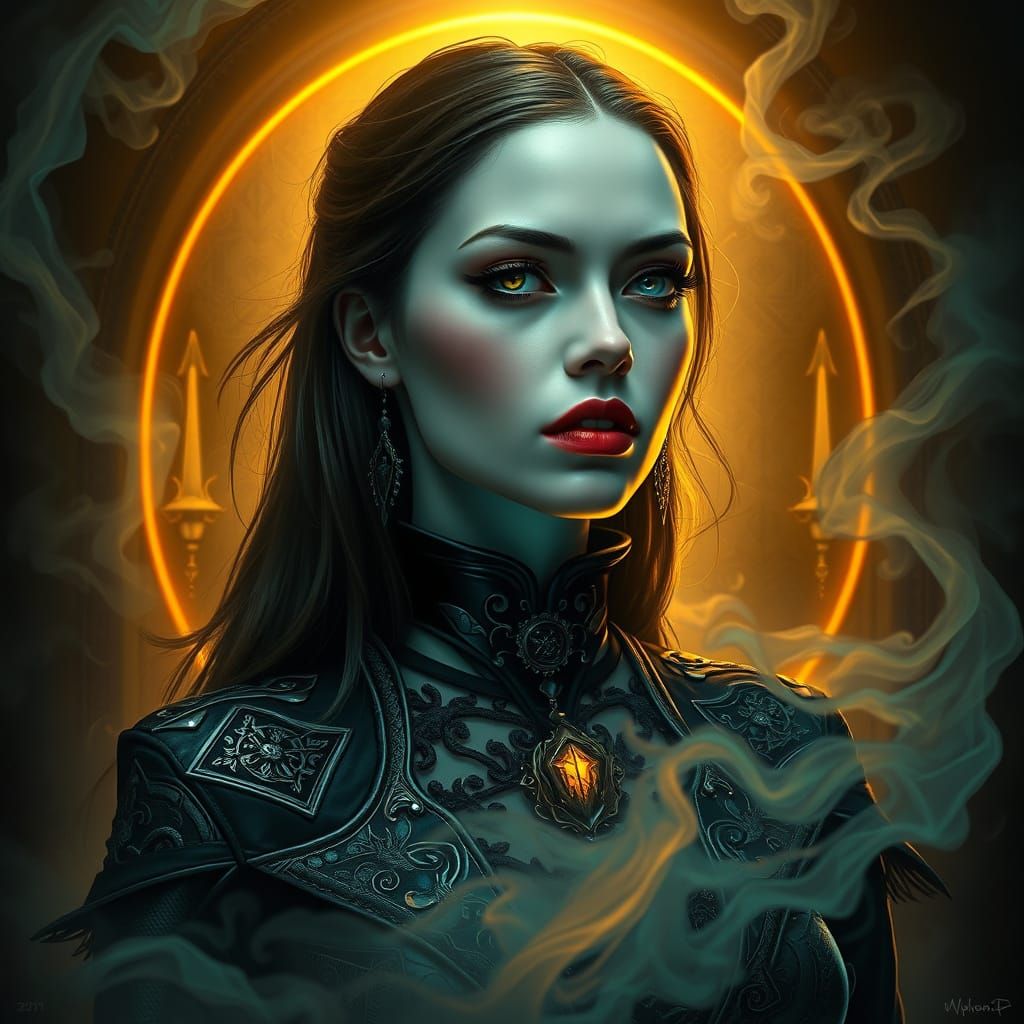 Gothic Woman in Black Leather Attire Stands at Threshold of ...