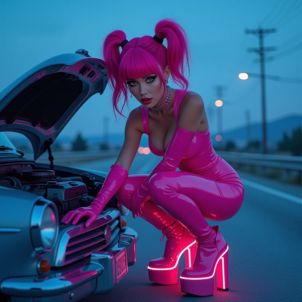 Futuristic Woman Repairs Steampunk Car in Digital Painting