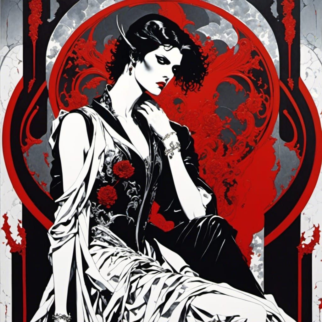 Patrick Nagel Inspired Bishonen Demon with Broken Heart