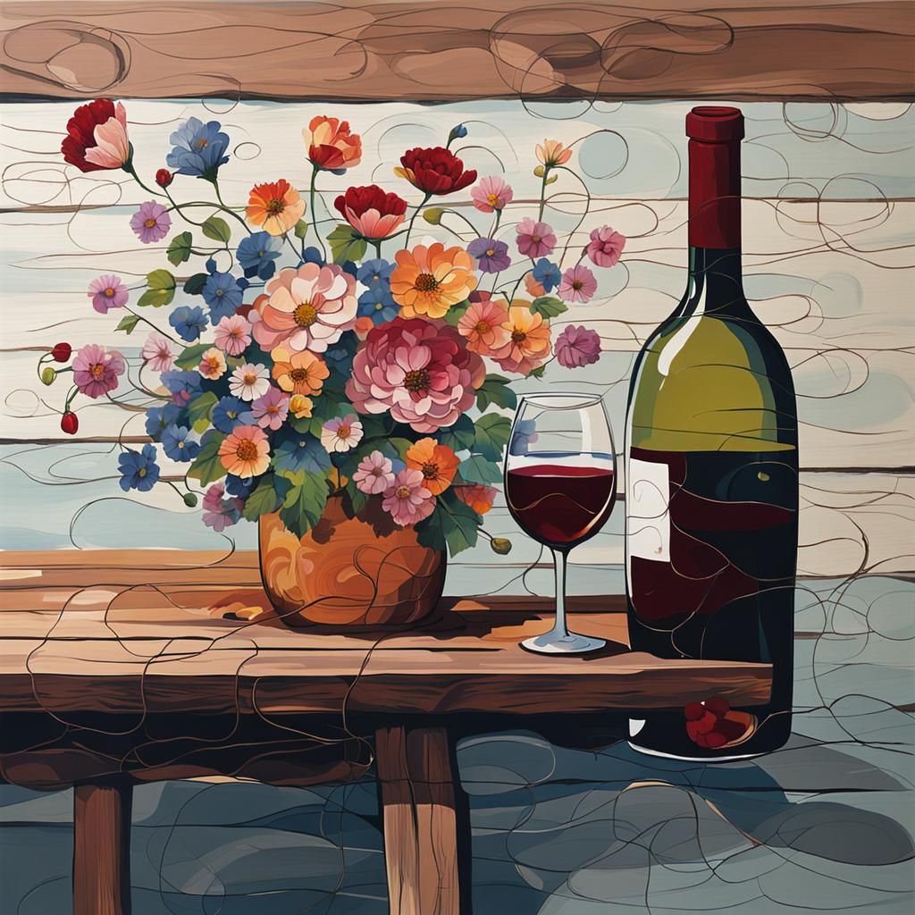 flowers with a wine glass and a bottle of wine