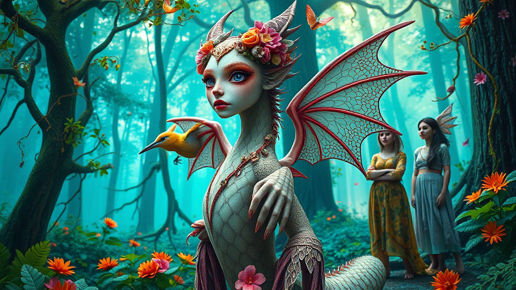 Woman-Dragon Guardian in Dreamlike Forest, Art Brut Portrait