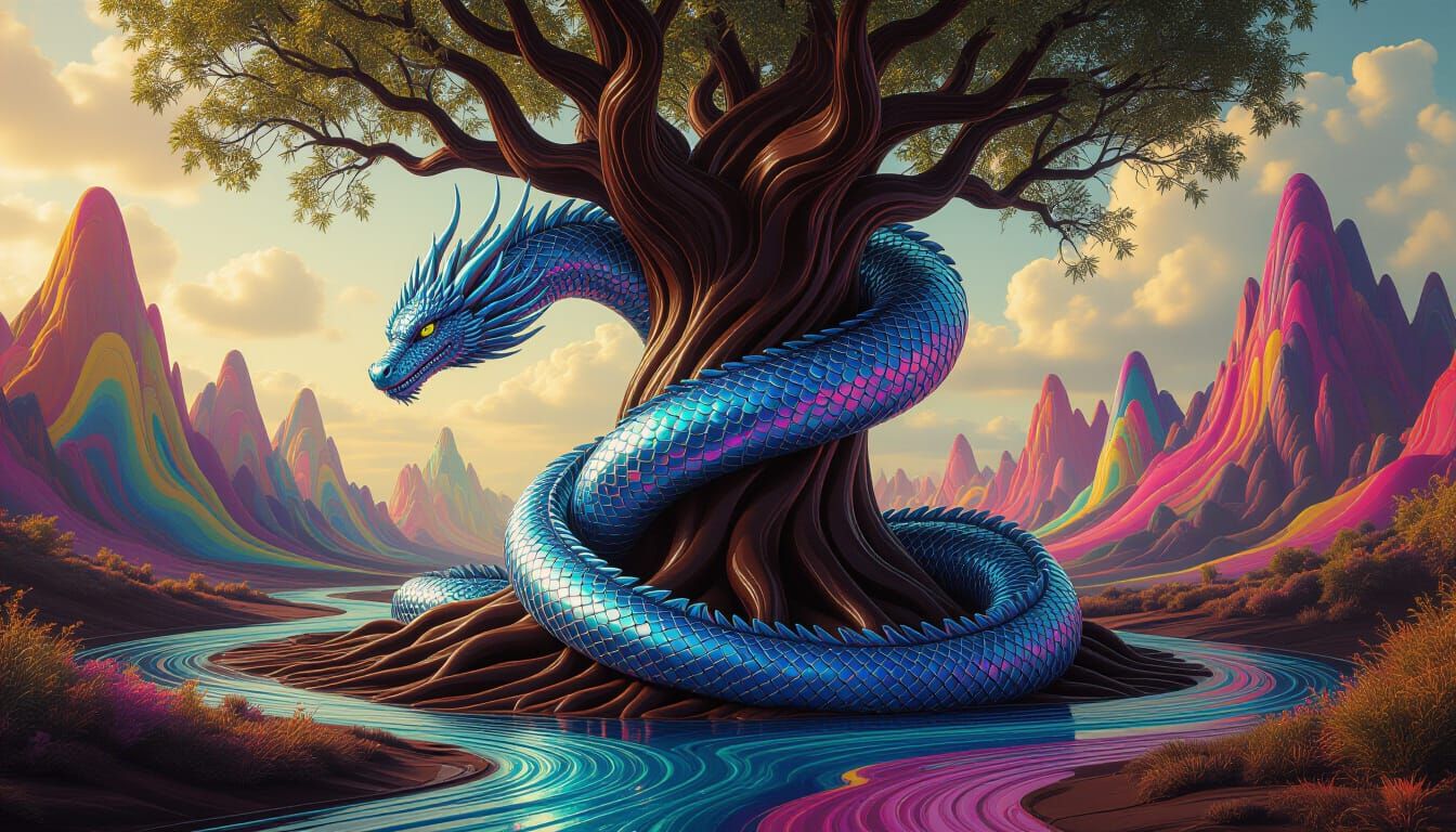 Mercury Dragon Coils Around Chocolate Tree in Surreal Landsc...