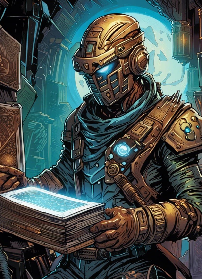 Cyborg Bounty Hunter Exploring Treasure Tome in Comic Art
