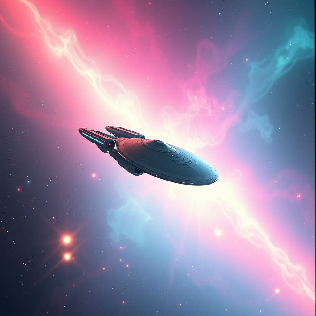 Futuristic Star Trek Enterprise in Iridescent Galaxy
