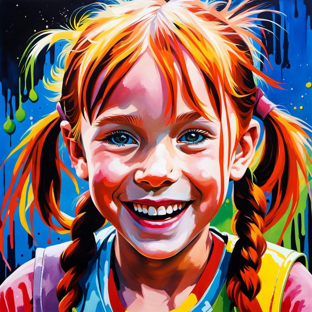 Grinning Pippi Longstocking Portrait as Splash Art
