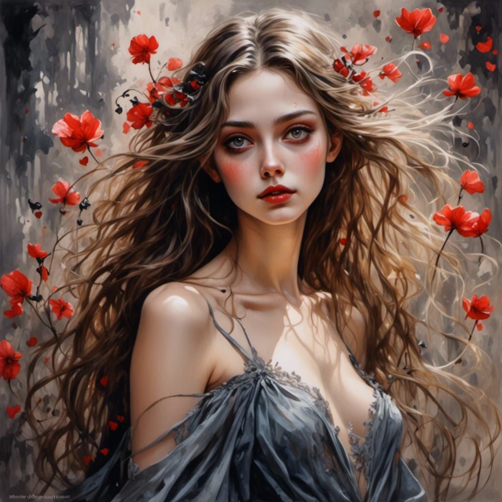 Young Woman Sketch with Watercolor Splash Background