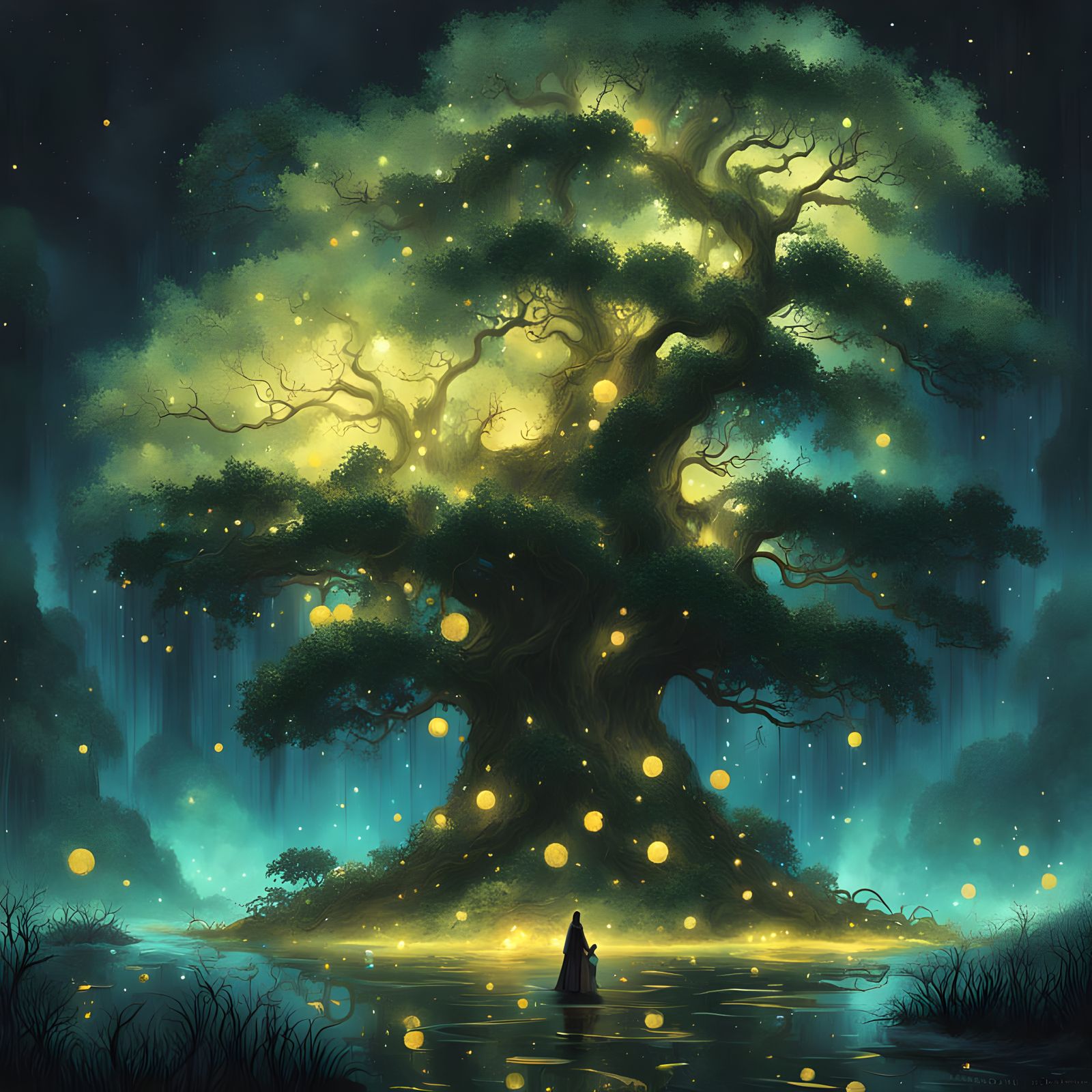 Girl Under Glowing Tree at Night