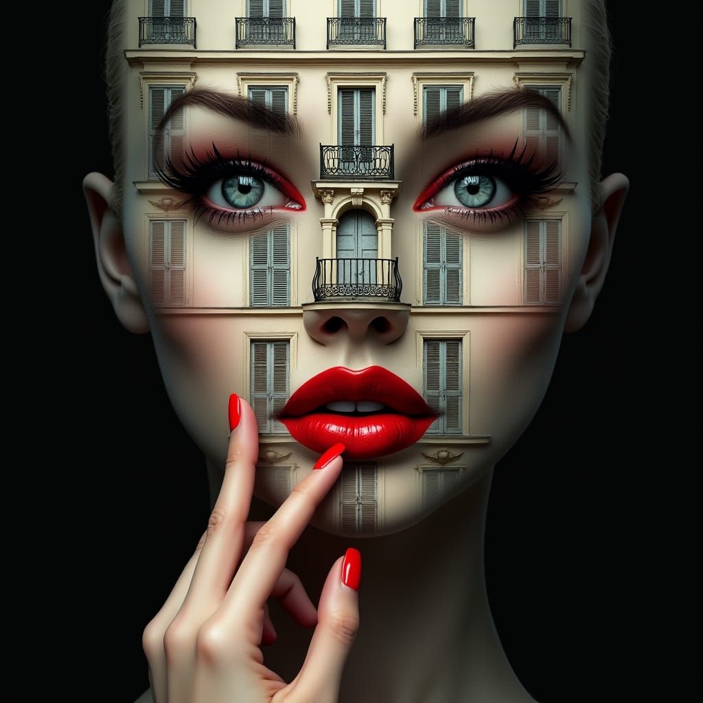 "Surreal digital artwork of a woman's face seamlessly blende...
