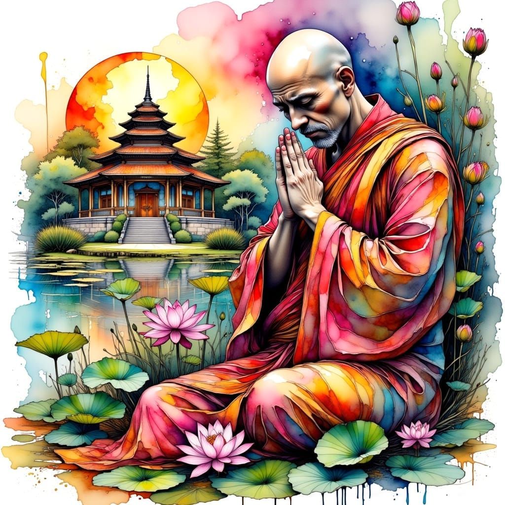 Colourful Buddhist Monk in Prayerful Contemplation