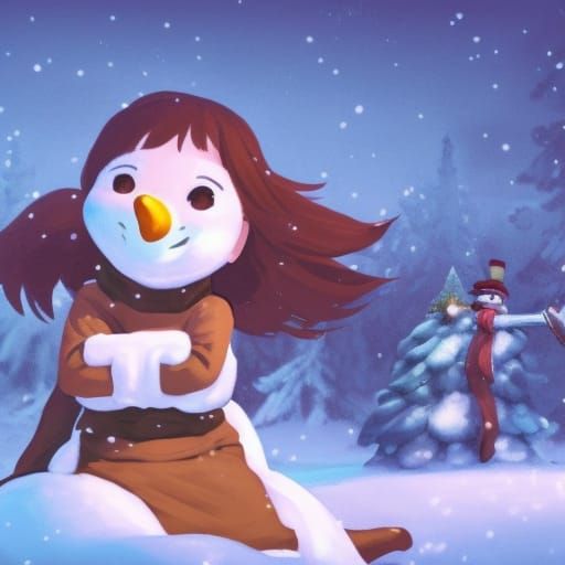 Girl Building Snowman in Christmas Town, Ghibli-esque