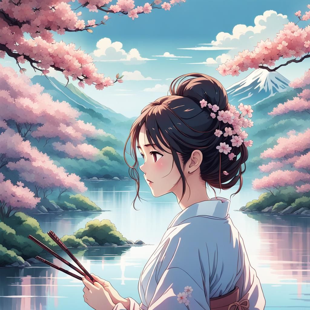 Cherry Blossom Brain: Japanese Woman in Anime Style
