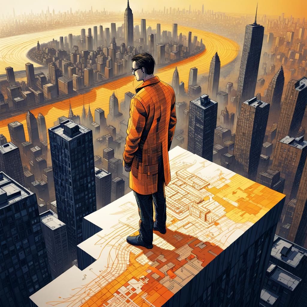 Man on Building in Lithographic Matrix Style