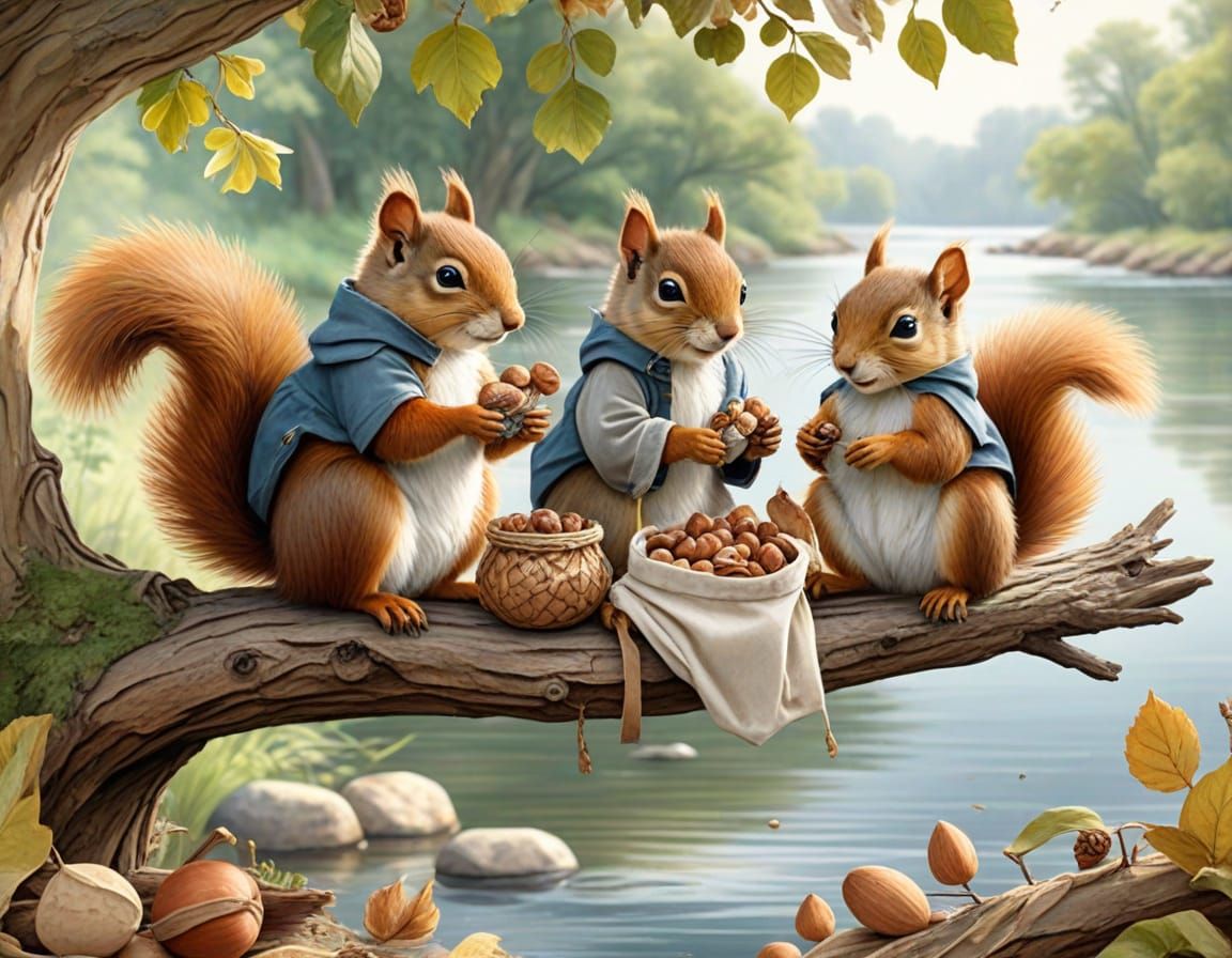 Squirrels Gather Nuts Beside a River in Whimsical Watercolor