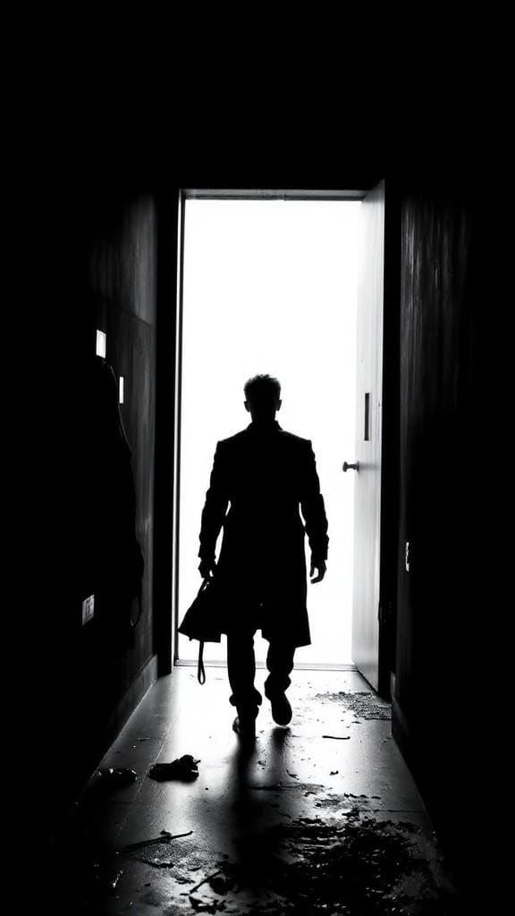 Menacing Faceless Figure in Black and White Corridor