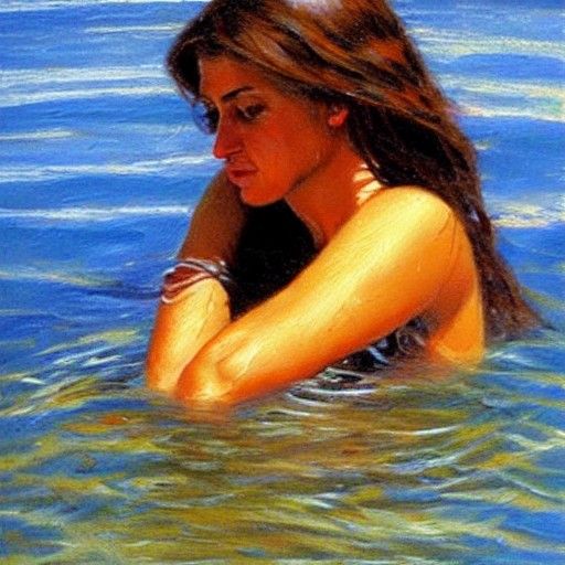 Greek Woman Swimming: Oil Painting Style