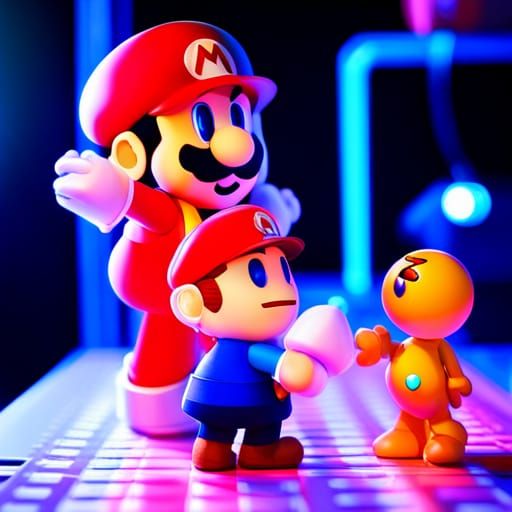 Mario, Zelda, and Samus Play Pac-Man: Hyperrealistic Photo