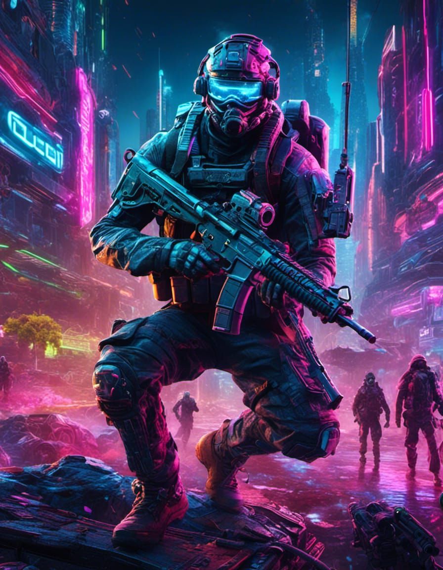 Neon-Lit Cyberpunk Soldier in Futuristic Battlefield