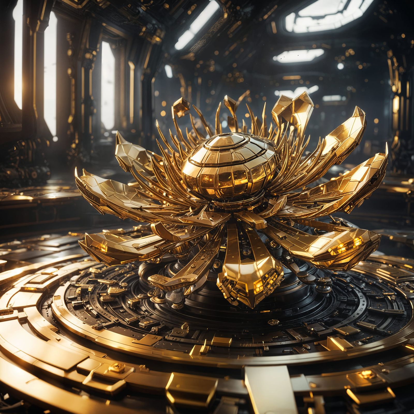 Futuristic Golden Lotus with Intricate Mech Details