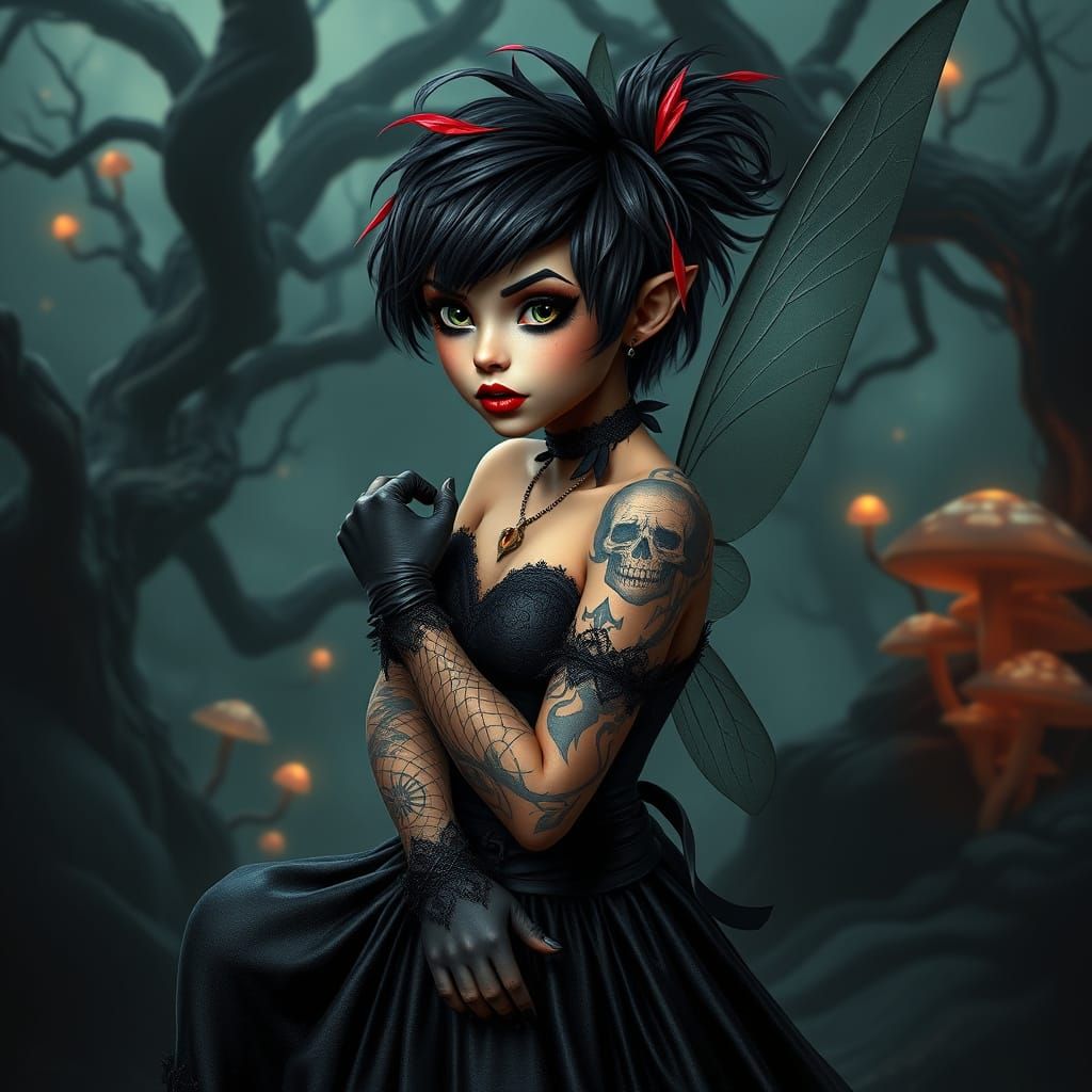 Gothic Tinkerbell in Beksiński-Inspired Landscape