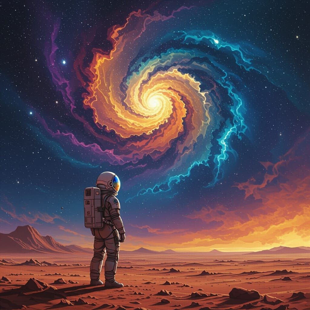 Astronaut Gazing at Nebula in Surreal Alien Landscape