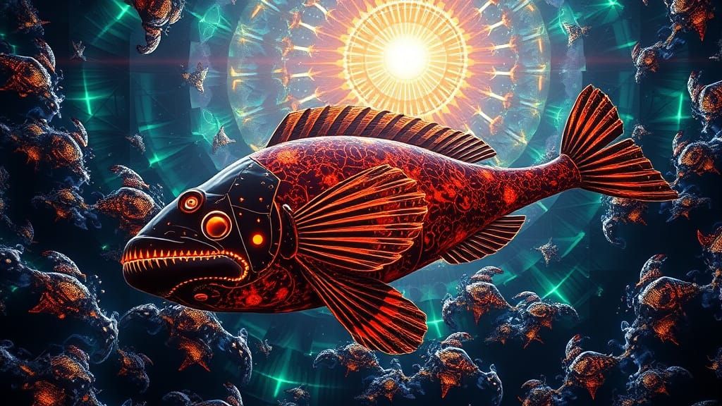Kaleidoscopic Fractal Grouper Fish in Neon Light