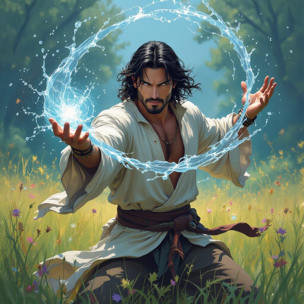Water Magic Wielder in Meadow, Fantasy Art