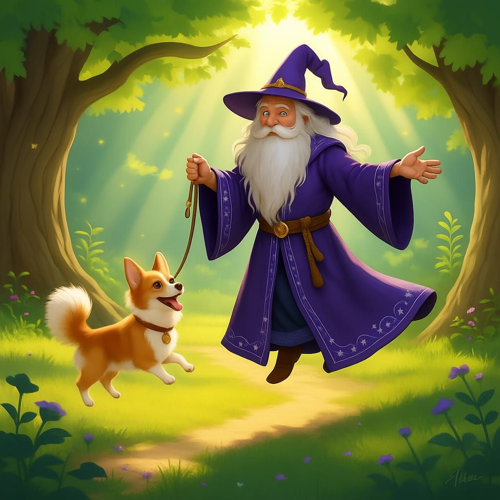 Wizard Walks Floating Corgi in Yard