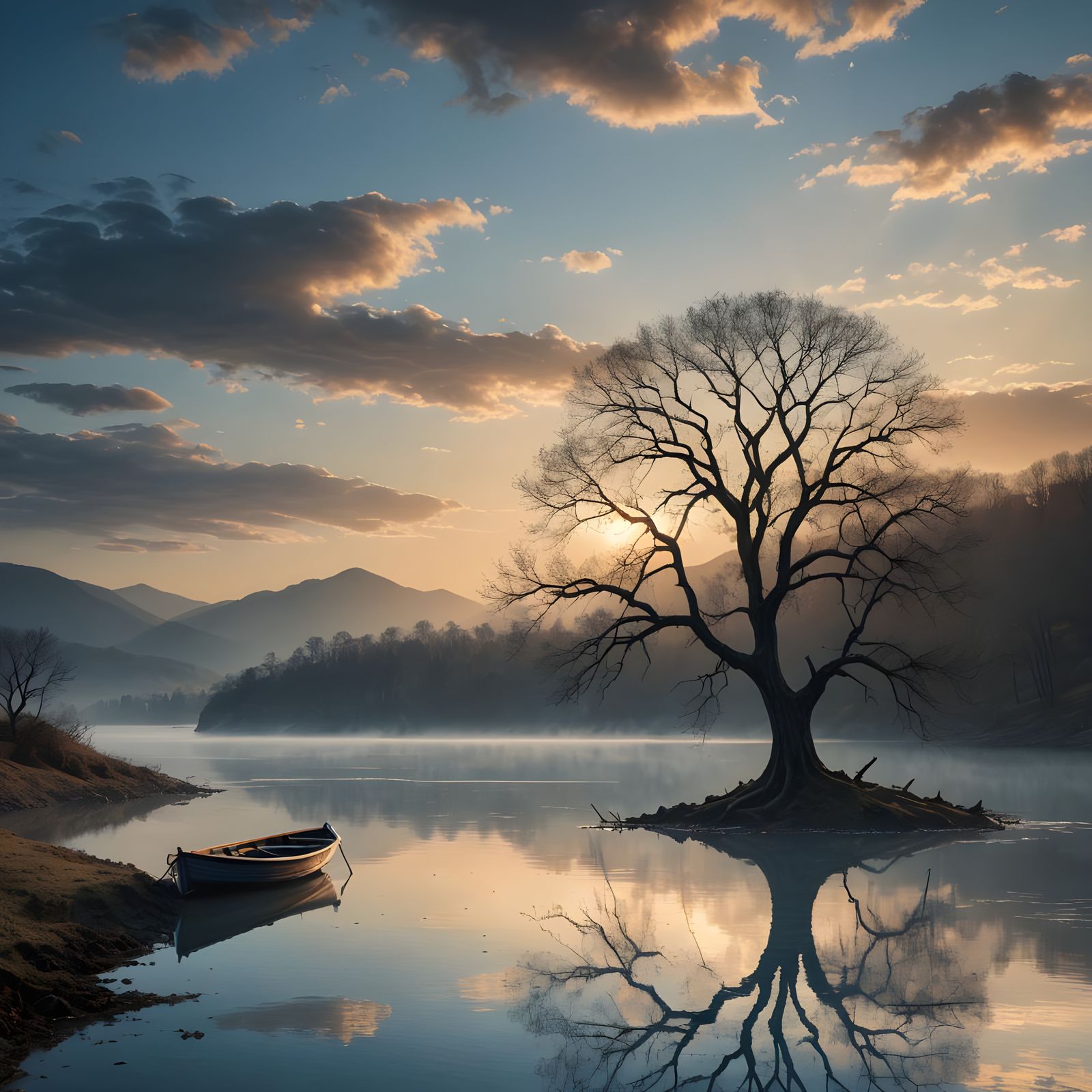 Lone Tree Reflected on Orinoco River at Sunset