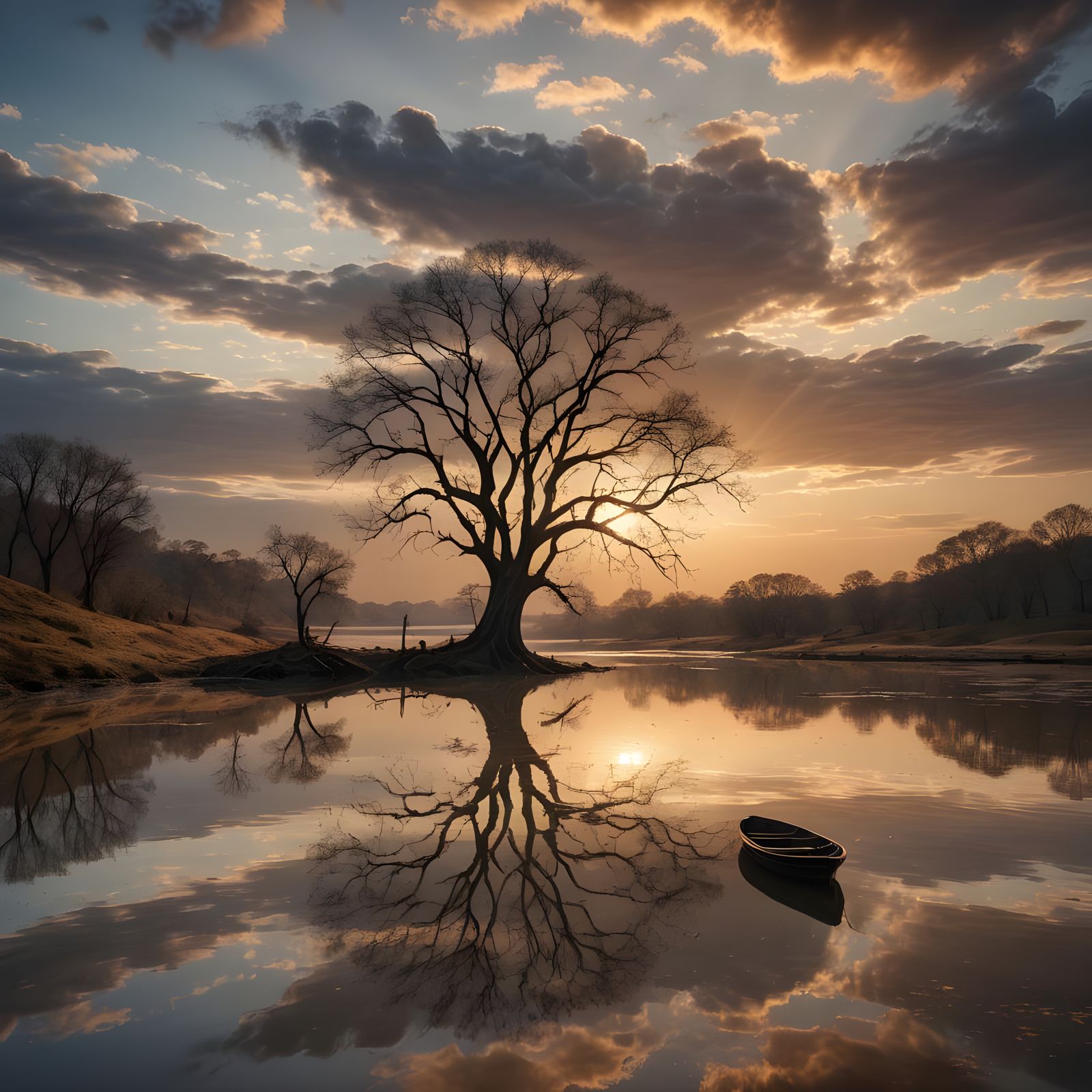 Lone Boat Glides on River at Sunset: Matte Painting