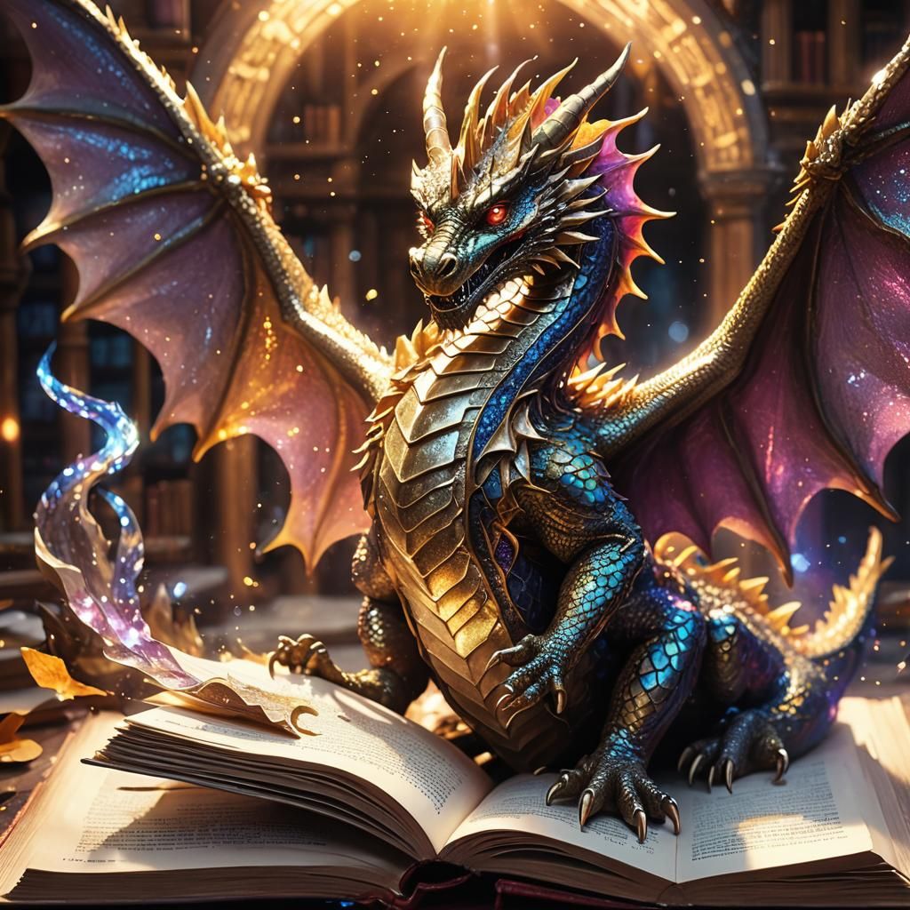 Glittery Dragon Emerges from Book in Fantasy Art