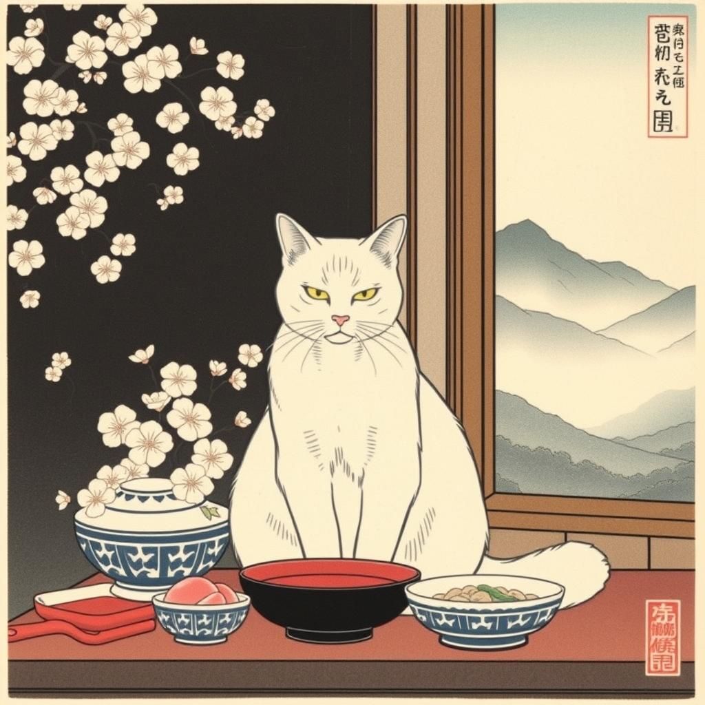 Refined White Cat in Ukiyo-e Woodblock Print