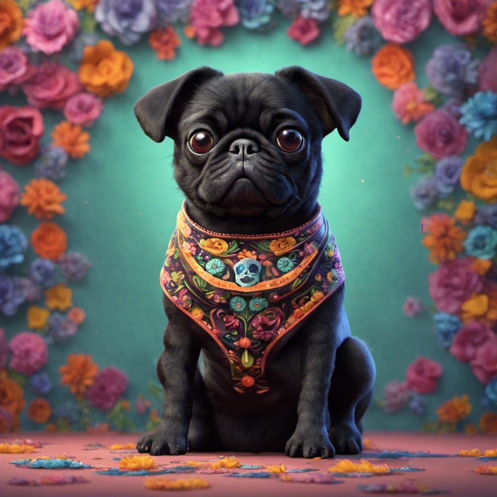 Black Pug Puppy Celebrates Day of the Dead