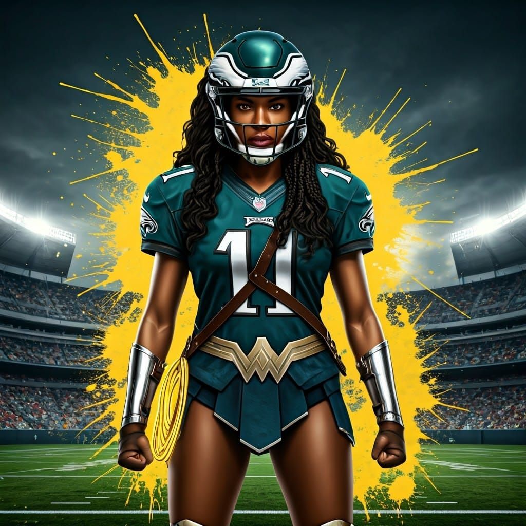 Surreal Wonder Woman in Philadelphia Eagles Gear, Blending S...