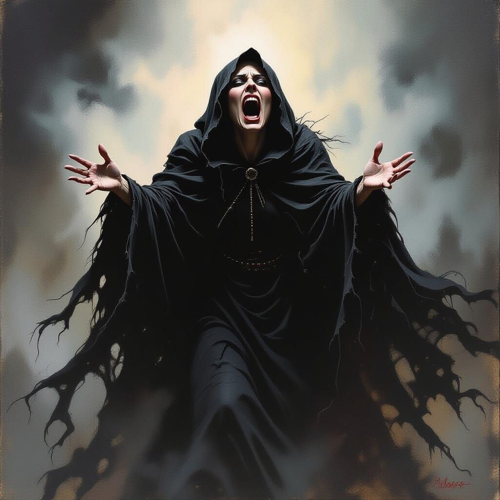 Terrifying Hag Screaming in Terror in Dark Fantasy Style