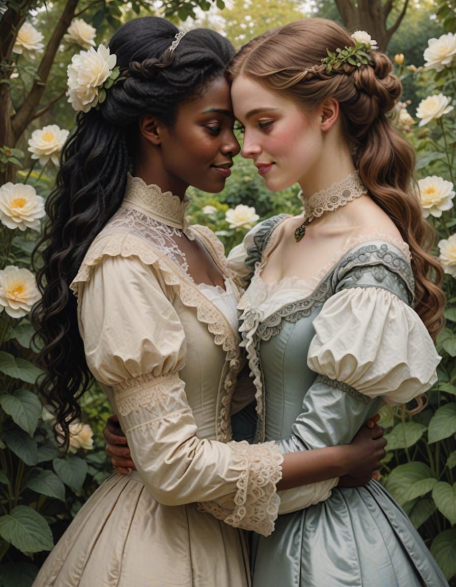 Victorian Women in Garden Hug