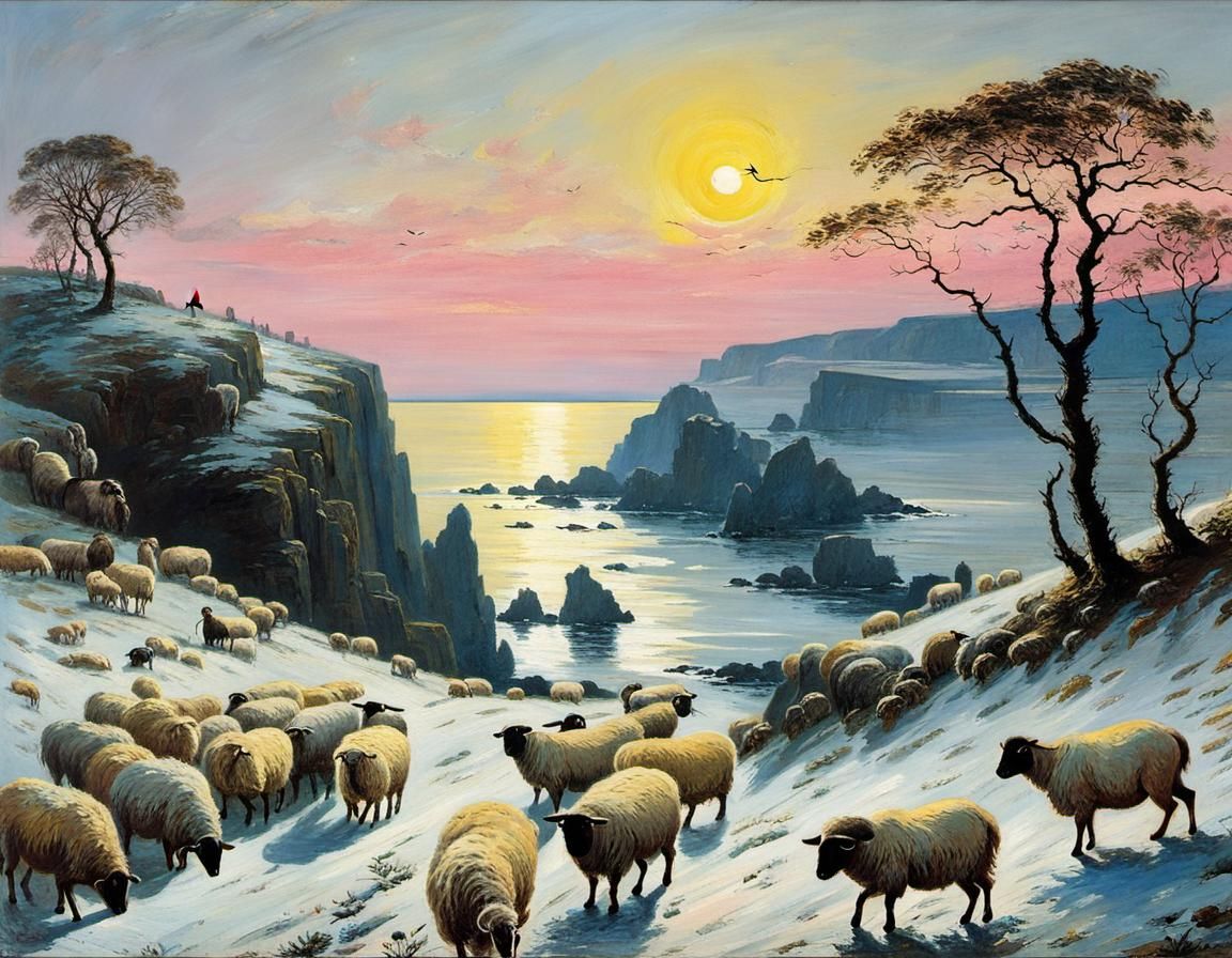 Coastal Shepherd at Sunset: Pastoral Scene