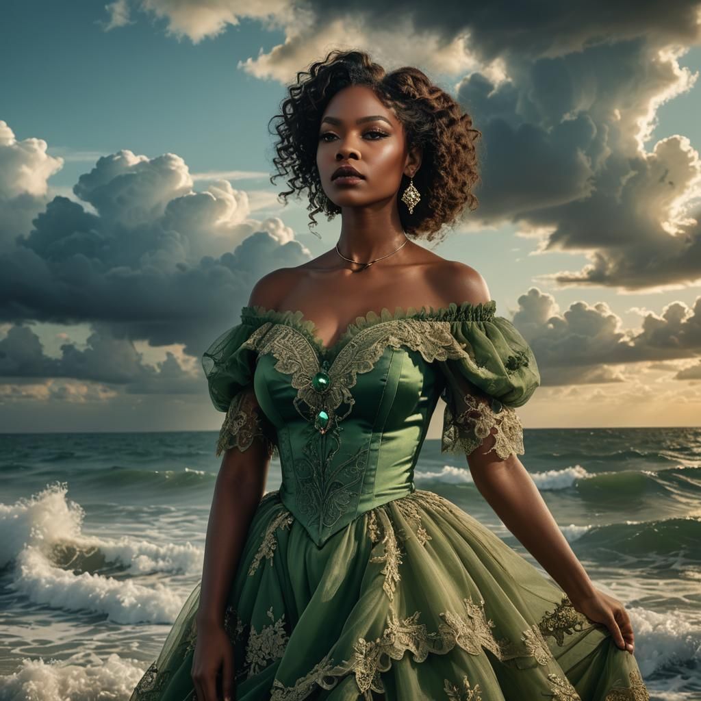 Voluptuous Woman in Victorian Dress at Sea