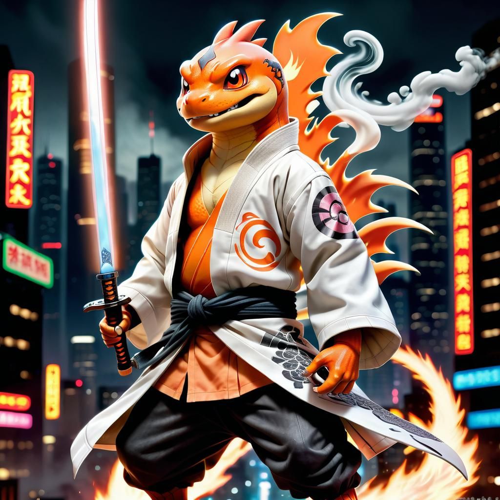 Charmander as Bleach Captain in Dystopian Cityscape