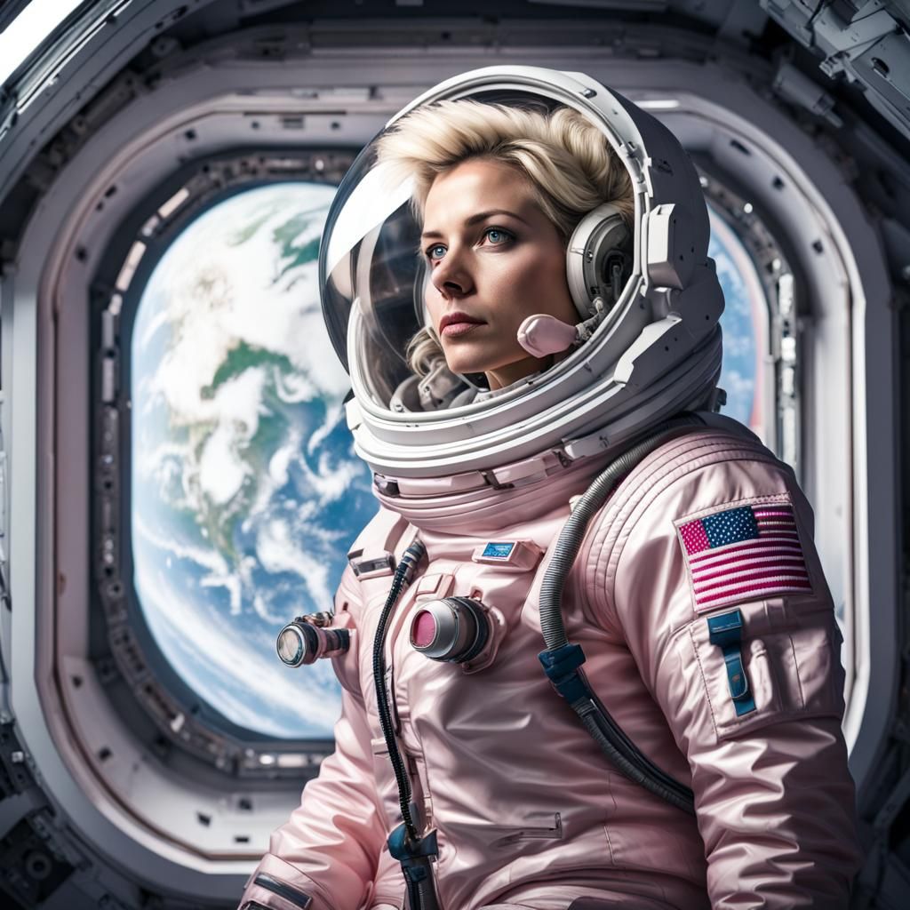 Female Astronaut Gazing at Earth, Hyperrealistic Image