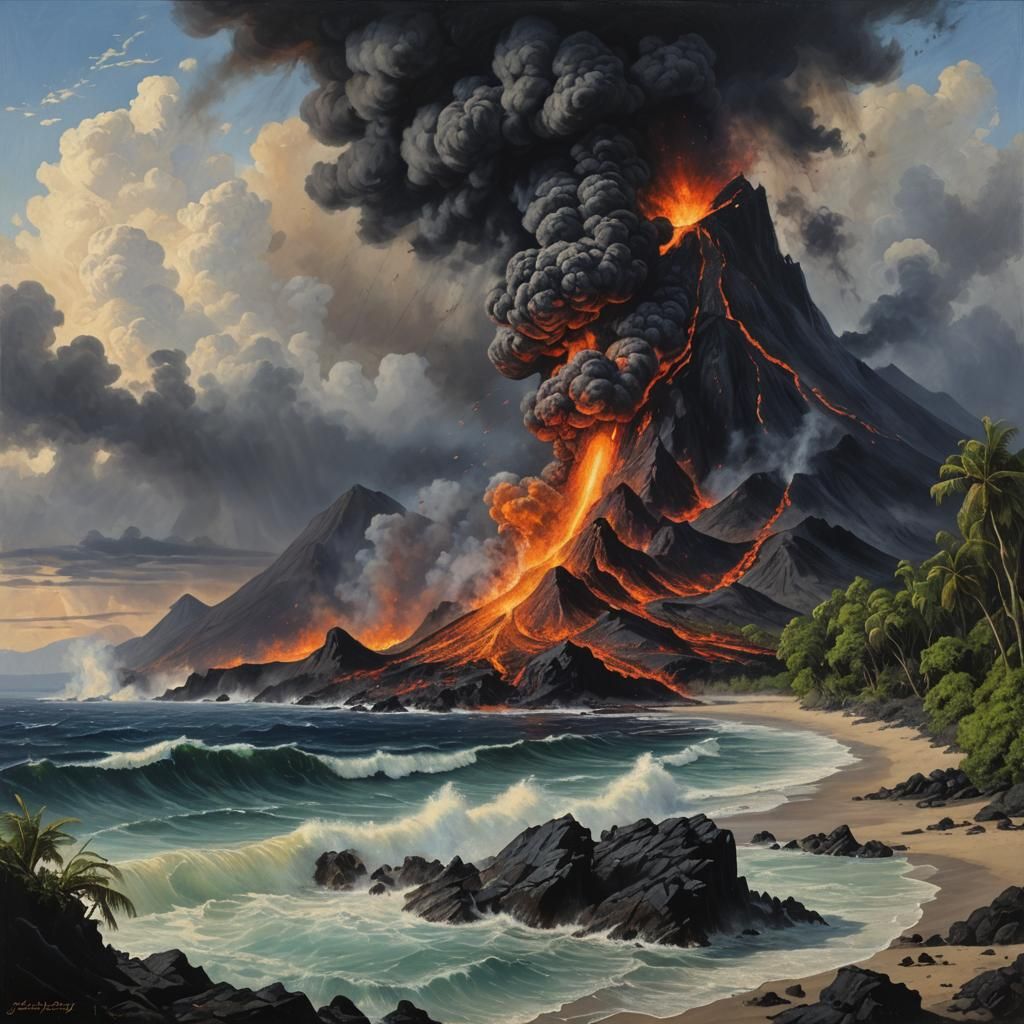 Tropical Island Volcano Eruption in Oil Painting