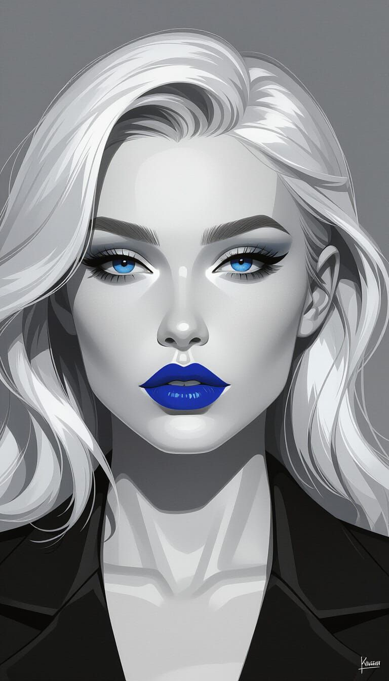 Monochrome Portrait with Blue Accents in Digital Art Style