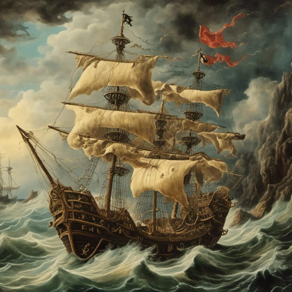 Pirate Ship on Rough Seas: Dark Fantasy Art