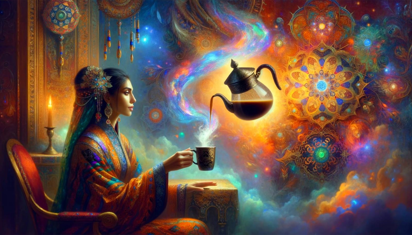 Fantasy Mage Enjoying Coffee in Vibrant Pre-Raphaelite Style