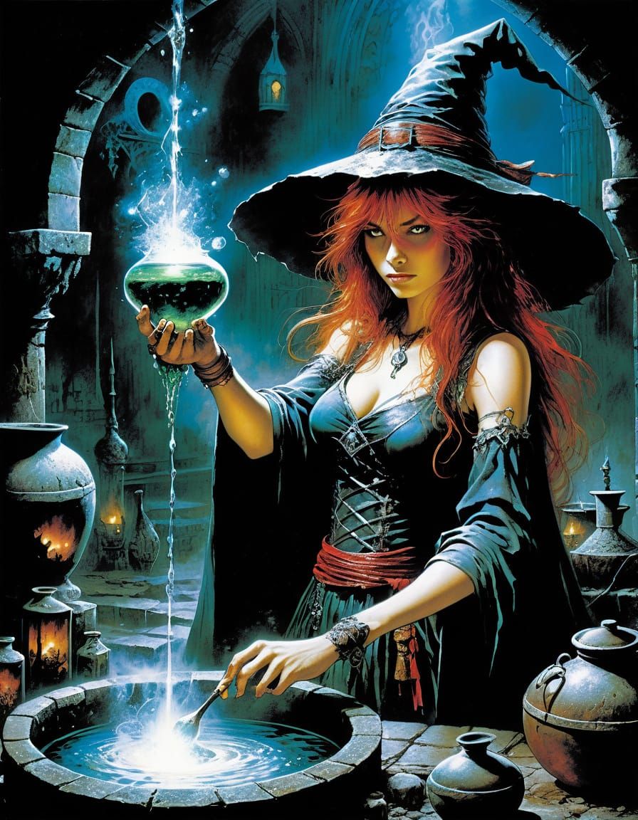 Mysterious Red-Haired Witch in Dark Fantasy Art Style