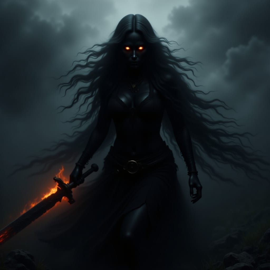 Shadow Goddess Emerges from Fog with Fiery Sword
